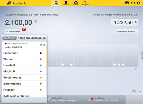Der Postbank Finanzassistent überblickt Ein- und Ausgaben
