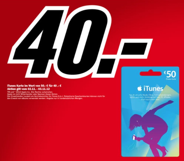 Media Markt: 20 Prozent Rabatt auf 50er iTunes-Karte