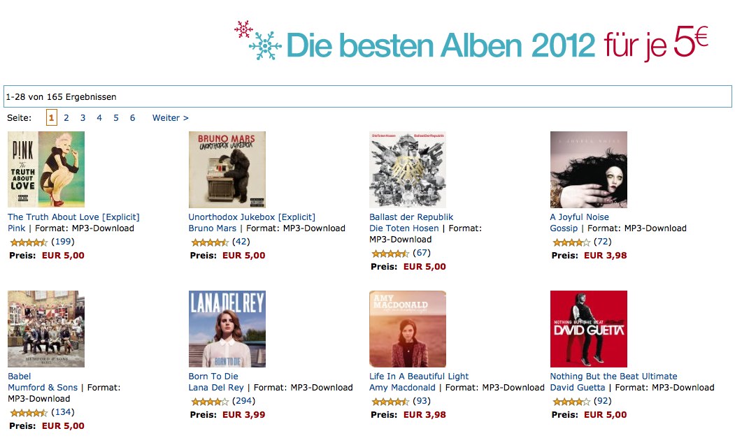 Amazon: Die besten Alben 2012 für je 5 Euro, über 1.000 für 3,99 Euro