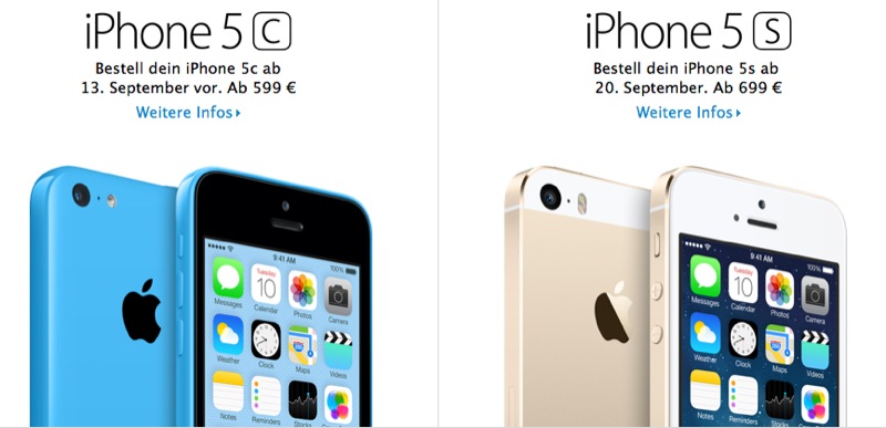 iPhone 5C ab 599 Euro, iPhone 5S ab 699 Euro