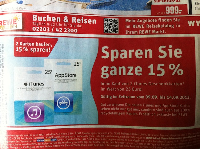 Immerhin: 15 Prozent Rabatt auf iTunes-Karten bei REWE