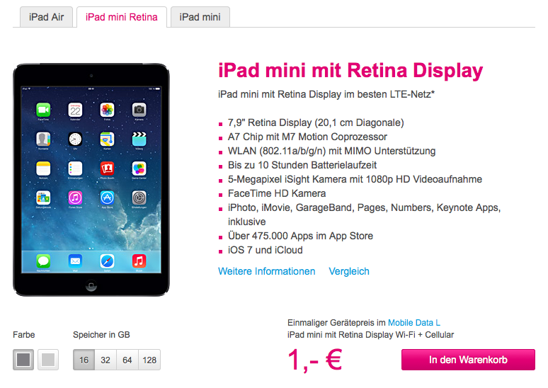 Telekom: iPad mini mit Retina-Display ab 1 Euro kaufen