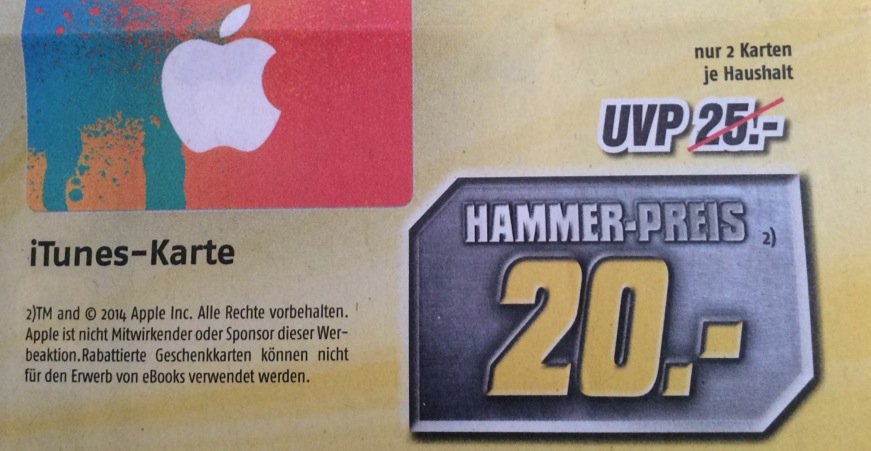 20 Prozent Rabatt: iTunes-Karten bei Medimax & Globus