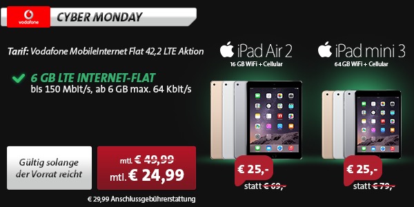 Guter Deal: iPad Air 2 oder iPad mini 3 mit 6 GB LTE-Tarif für 26,03€/Monat