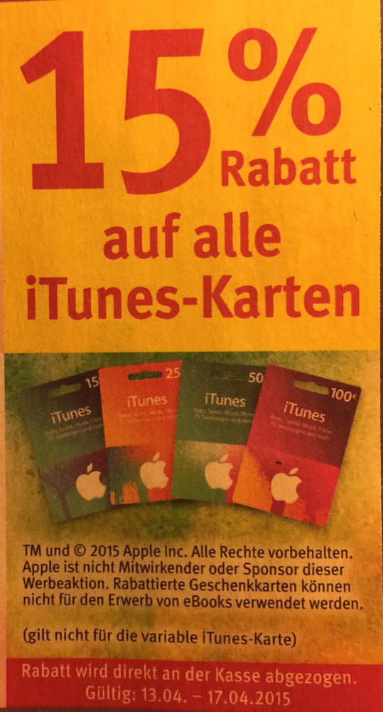 Ab Montag: 15 Prozent Rabatt auf iTunes-Karten bei Rossmann