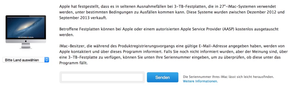 Apple startet iMac-Austauschprogramm für 3 TB-Festplatten bei 27″-Modellen