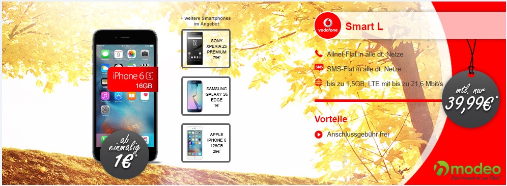 Vodafone Smart L: iPhone 6s mit Allnet-Flat und LTE ab effektiv 12 Euro pro Monat
