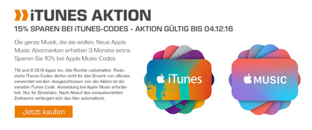 Online-Deal: 15 Prozent Rabatt auf iTunes-Karten bei Saturn