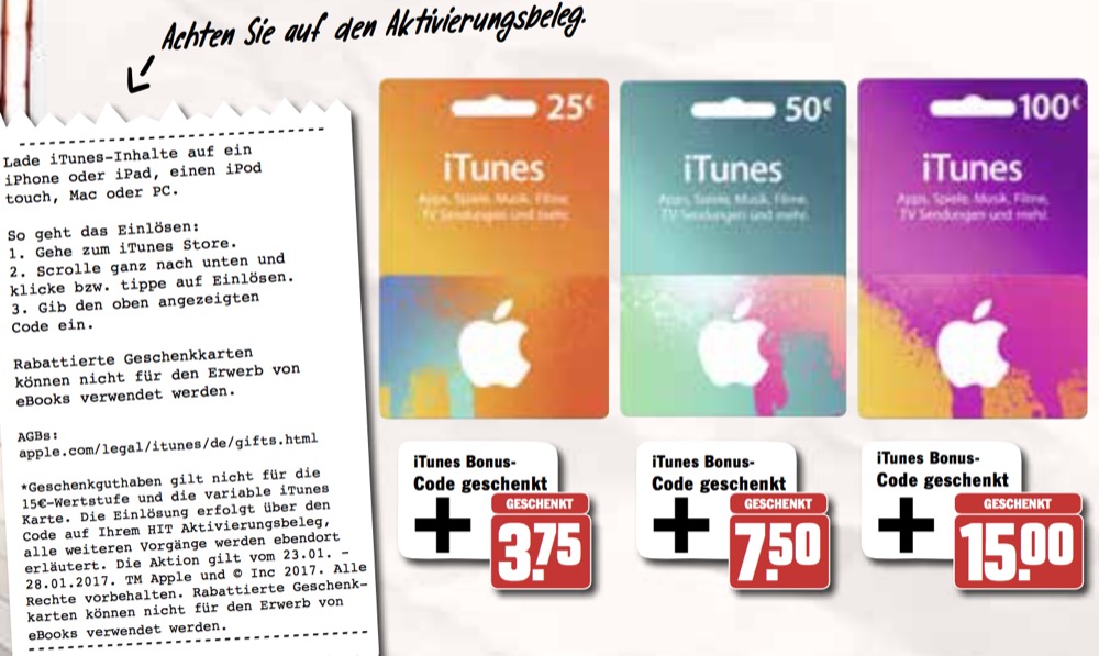 Reduzierte iTunes-Karten: Auch HIT bietet 15 Prozent Bonus-Guthaben