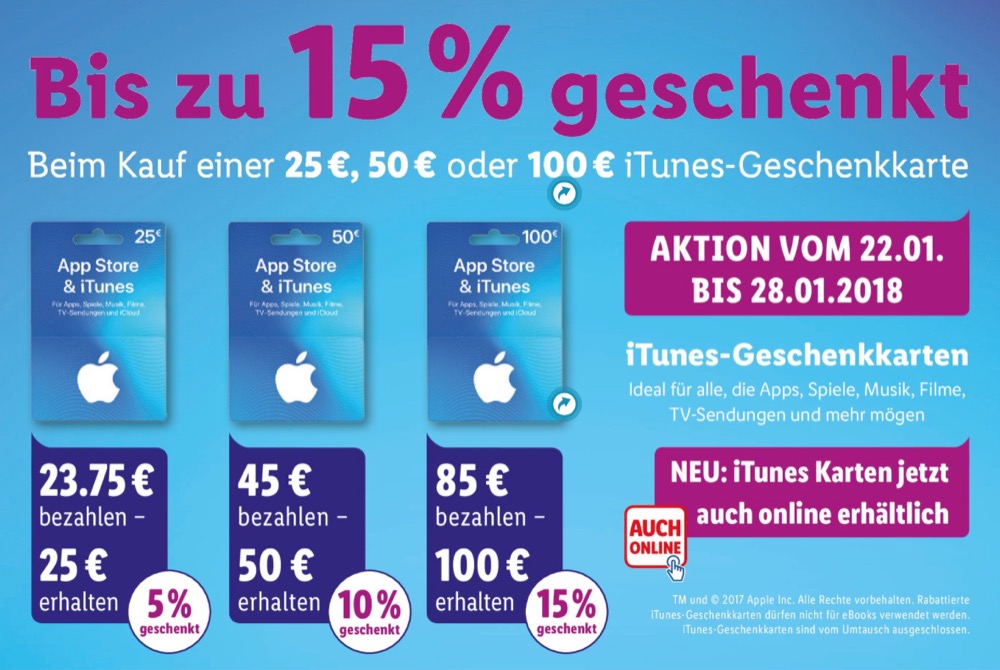 iTunes-Karten: Ab heute bis zu 15 Prozent Rabatt bei Lidl – auch im Online-Shop