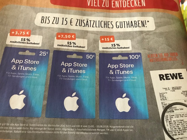 iTunes-Karten bei REWE: 15 Prozent Bonusguthaben ab Montag
