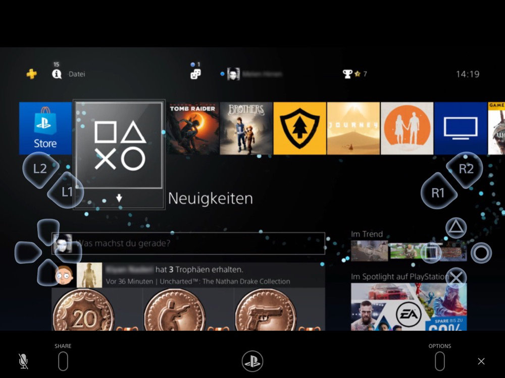 Screenshot von PS Remote Play auf einer PS4 mit einem iPad