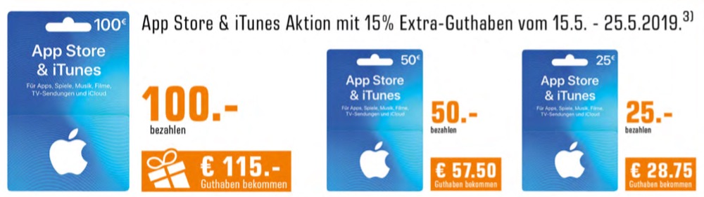 <span class="entry-title-primary">iTunes-Karten: 15 Prozent Bonus auch bei Saturn (auch online)</span> <span class="entry-subtitle">Bis zum 25. Mai 2019</span>