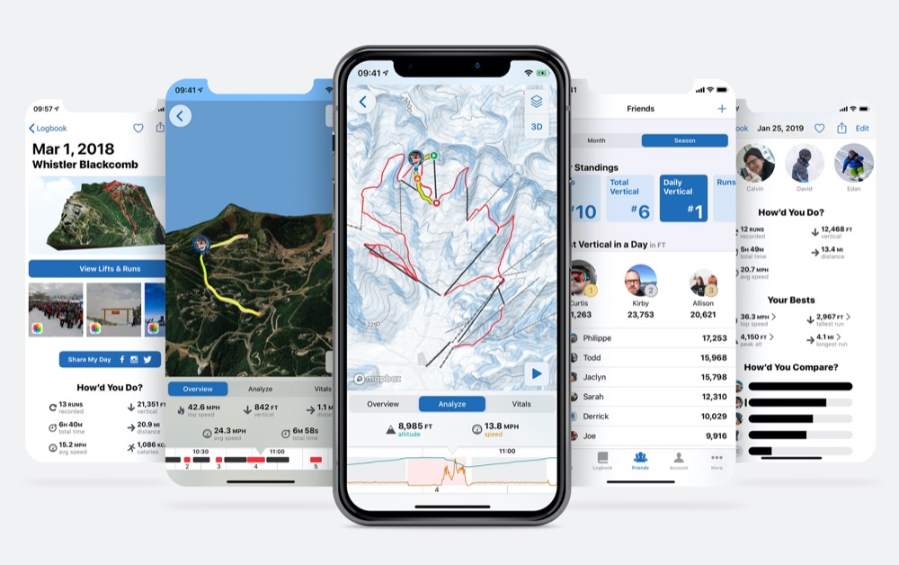 Fünf iPhone-Screenshots der Ski-App Slopes