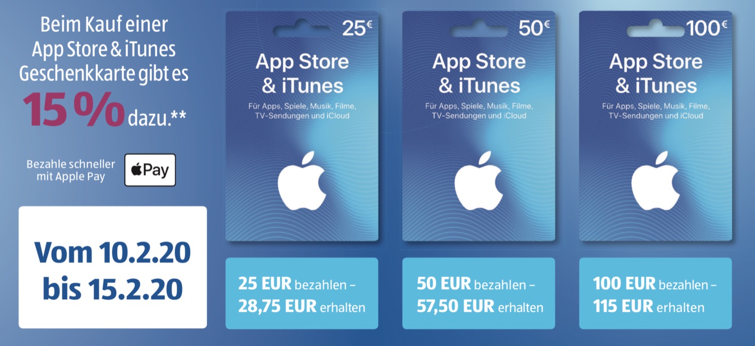 <span class="entry-title-primary">iTunes-Karten: Ab Montag 15 Prozent Bonus bei Aldi Süd</span> <span class="entry-subtitle">Für Apps, Filme, Spiele und Co</span>