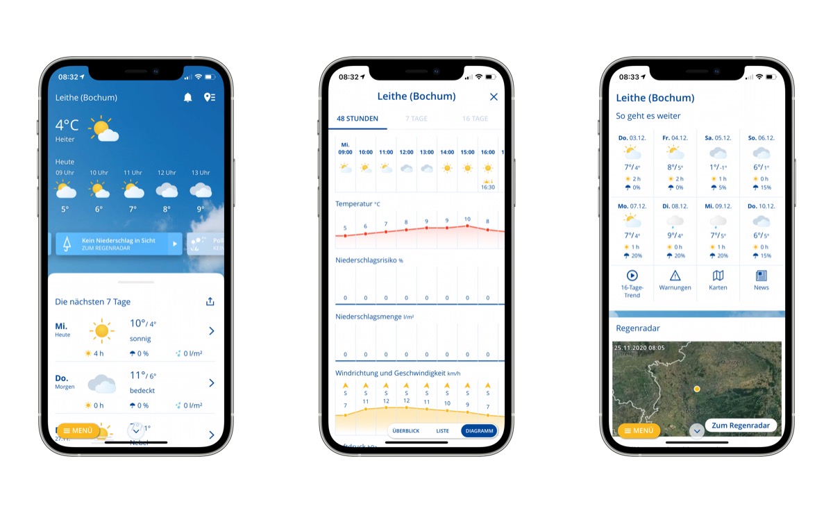 Drei Screenshots von Wetter.com auf einem iPhone