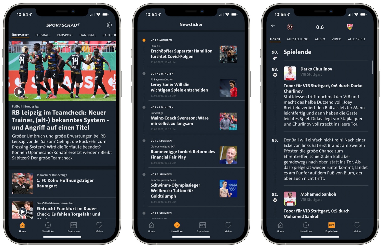 Drei Screenshots aus der Sportschau-App auf einem iPhone