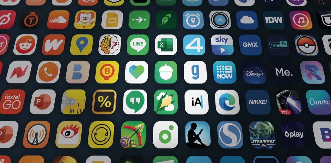 Viele bunte App-Icons aufgereiht vor schwarzem Hintergrund