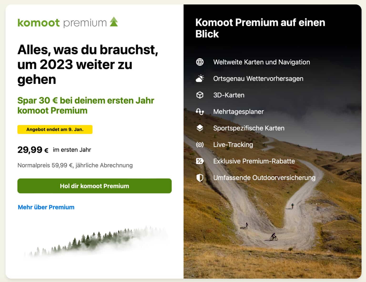 Komoot Premium kostet im ersten Jahr nur 29,99 Euro statt