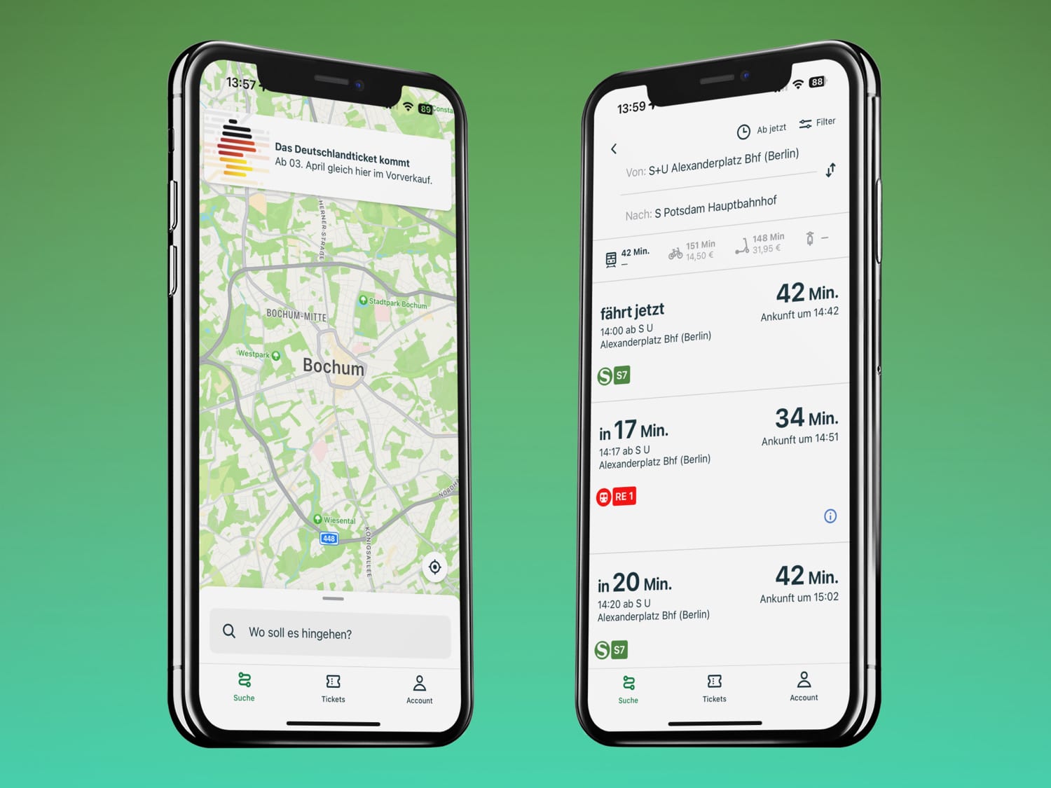 Zwei iPhone-Screenshots der Dein Deutschlandticket-App