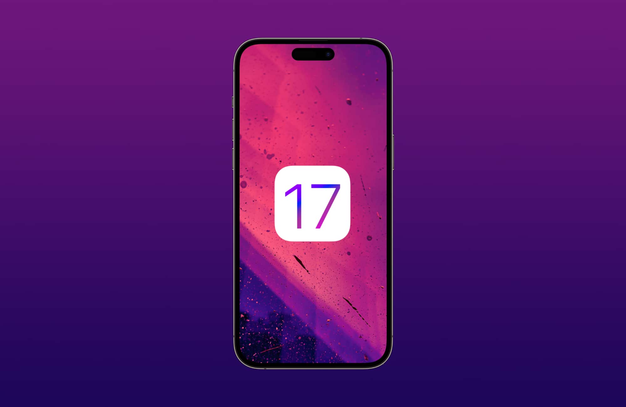 iOS 17-Banner mit "17" auf einem iPhone und violettem Farbverlauf im Hintergrund