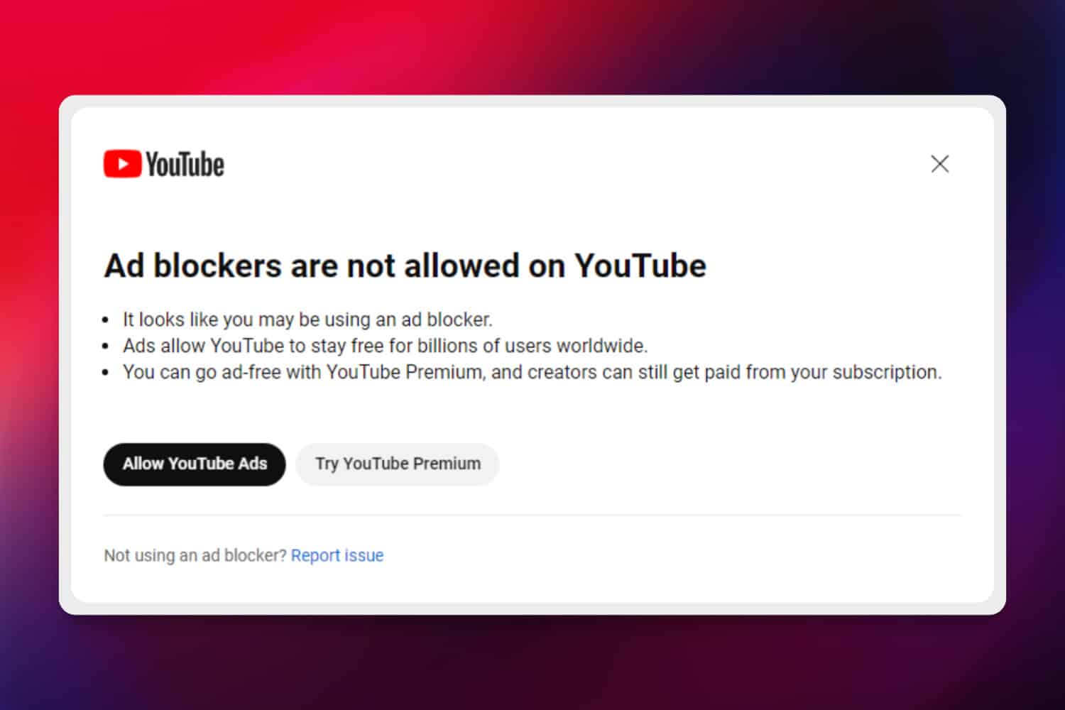 PopUp von YouTube zum Werbeblocker-Verbot