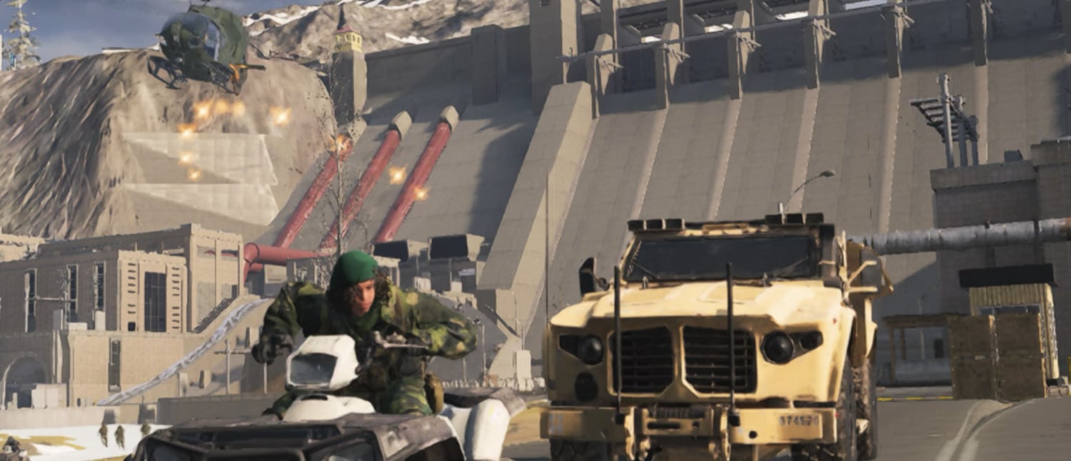 Szenerie in Call of Duty Warzone Mobile mit Trucks und Fahrzeugen