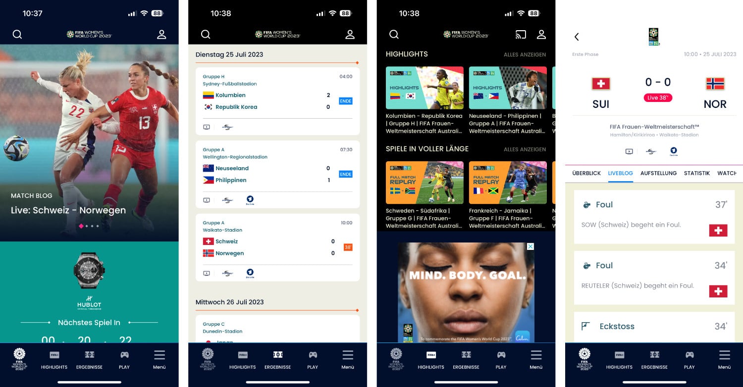 Screenshots der FIFA Frauen WM App