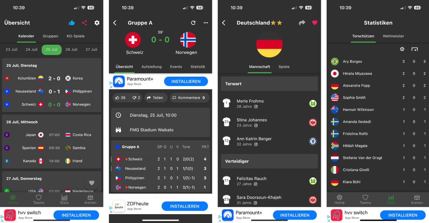 Screenshots der Frauen WM 2023-App