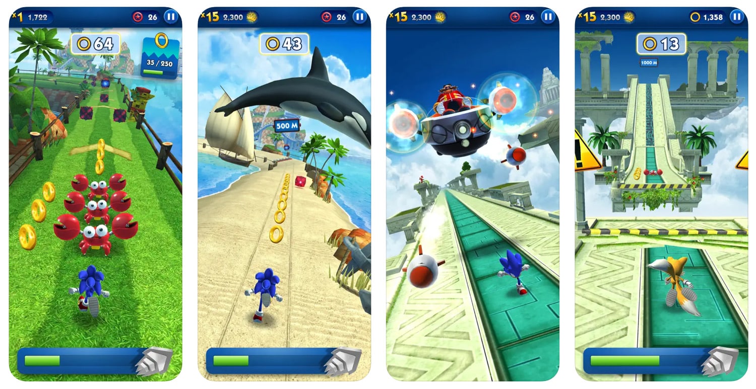 Vier Screenshots zeigen das Gameplay von Sonic Prime Das