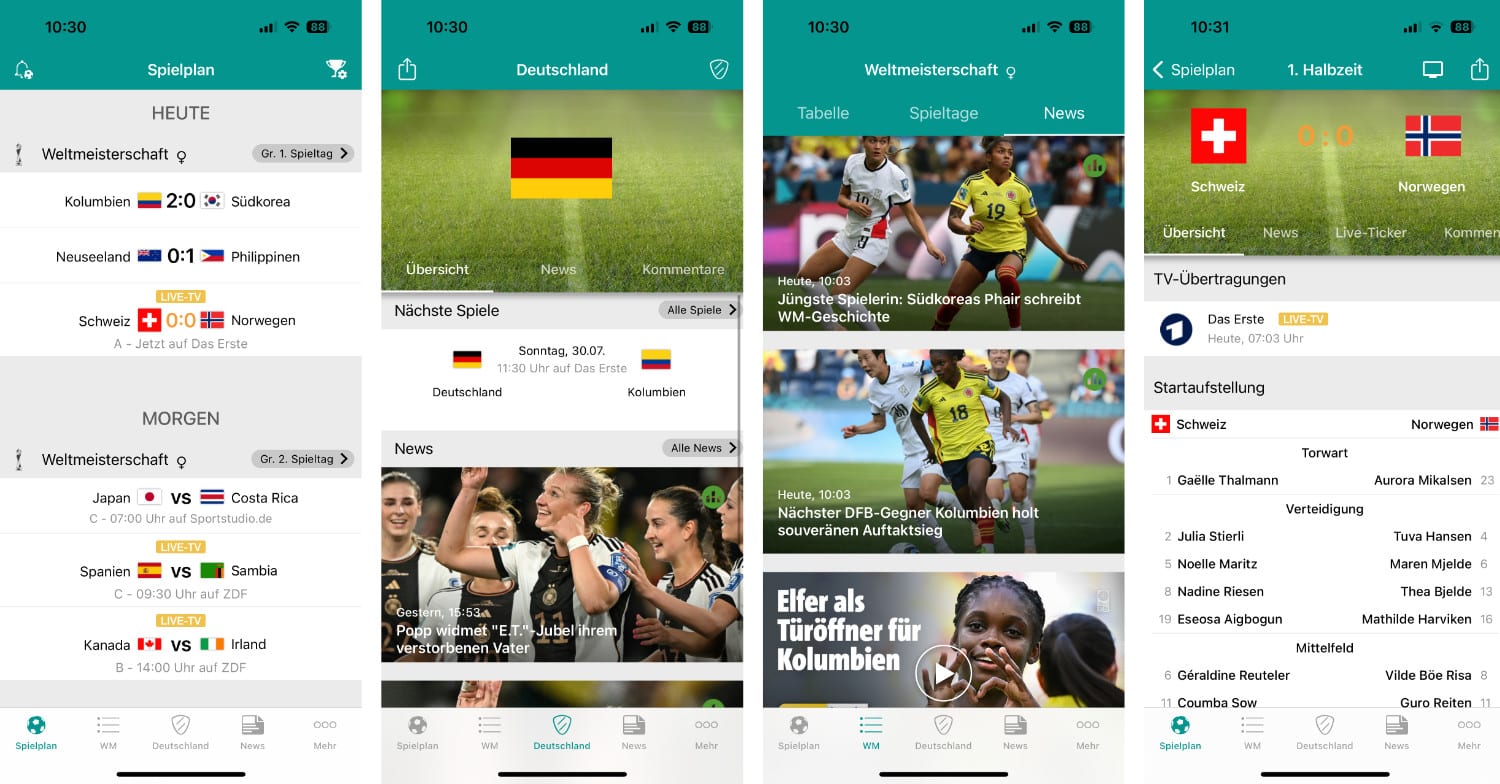 Screenshots der Spielplan Frauen WM-App von Couchfunk