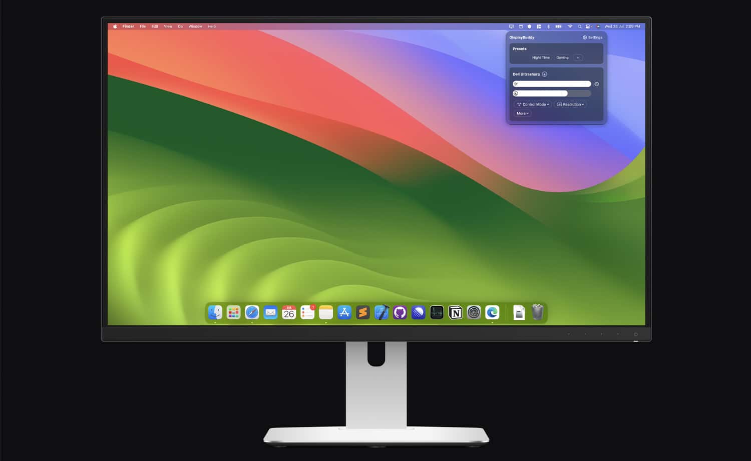 Mac mit geöffnetem DisplayBuddy-Fenster vor schwarzem Hintergrund