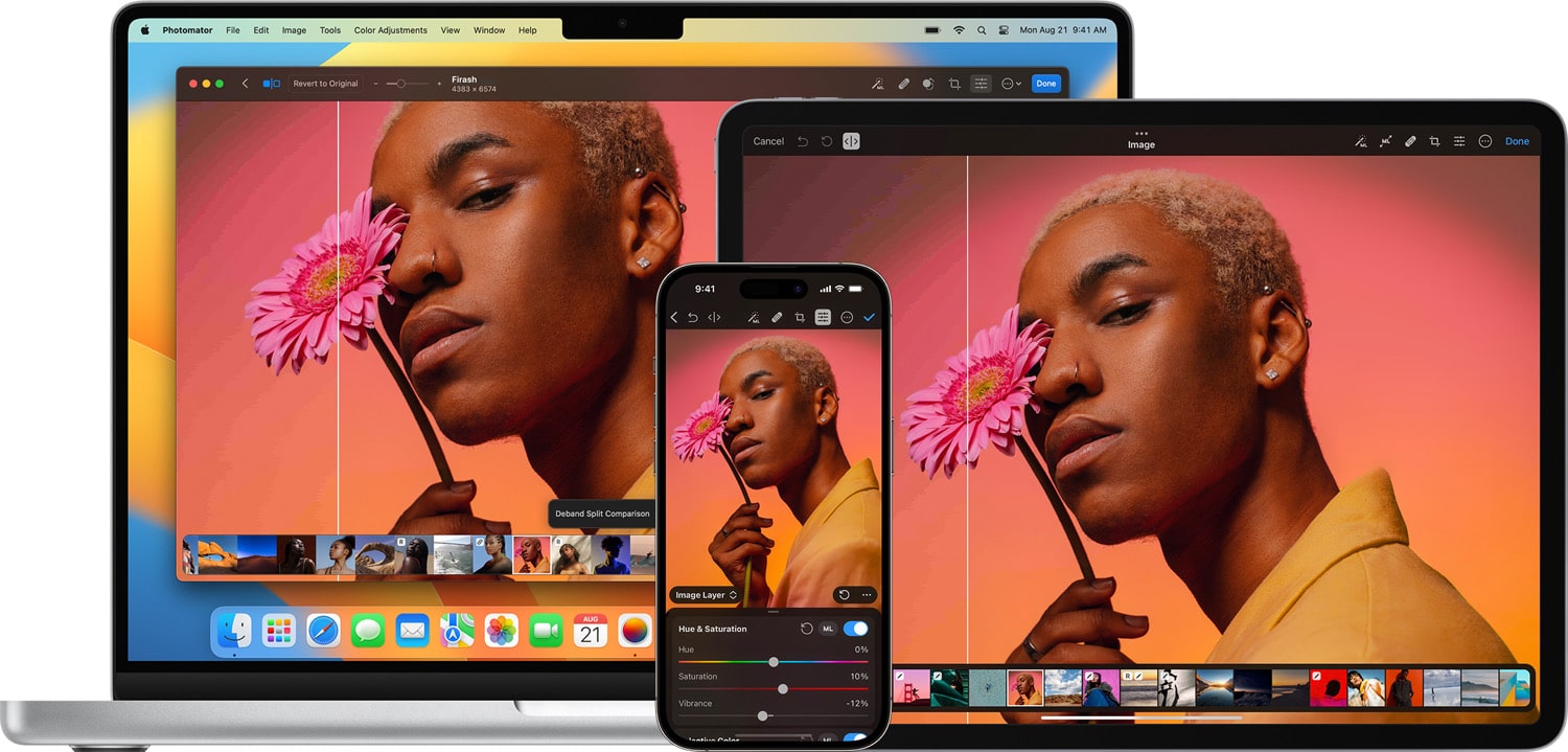 Photomator auf einem Mac, iPad und iPhone