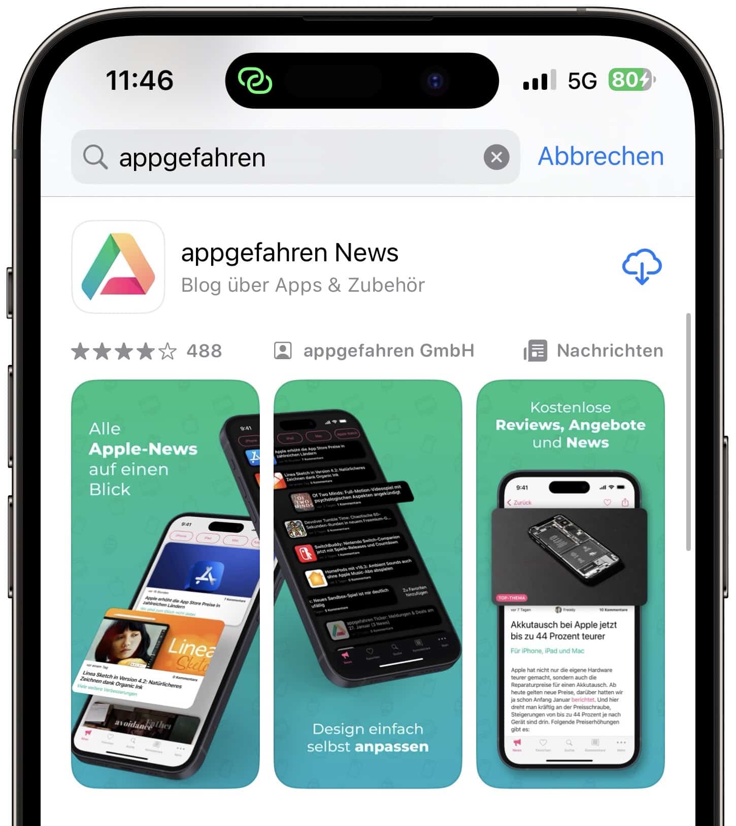 App Store Suchergebnis der appgefahren News App