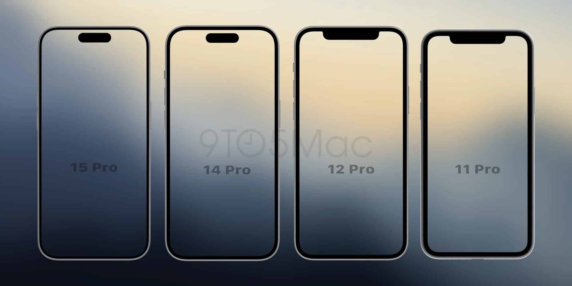 Displayvergleich von iPhone 15 Pro, 14 Pro, 12 Pro und 11 Pro