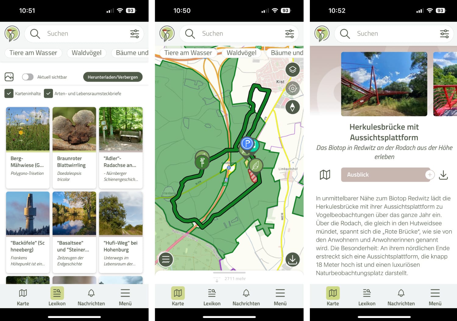 Drei Screenshots der iOS-App natur.digital