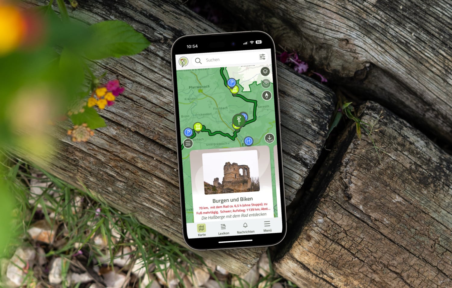 Natur.digital App auf einem iPhone, das auf einem Stück Holz liegt