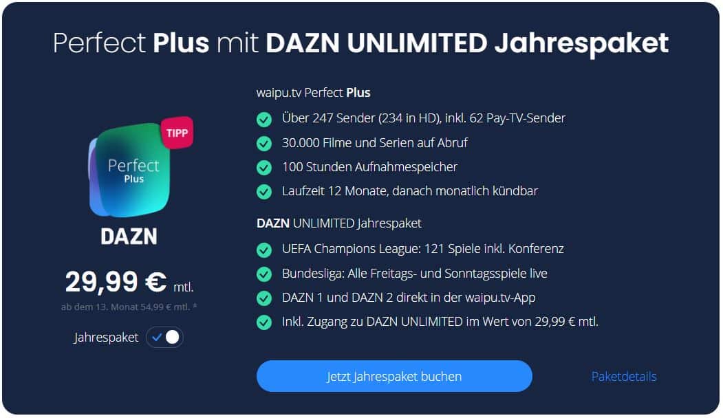39,99 Waipu.tv Unlimited und 29,99 statt Euro für zusammen DAZN