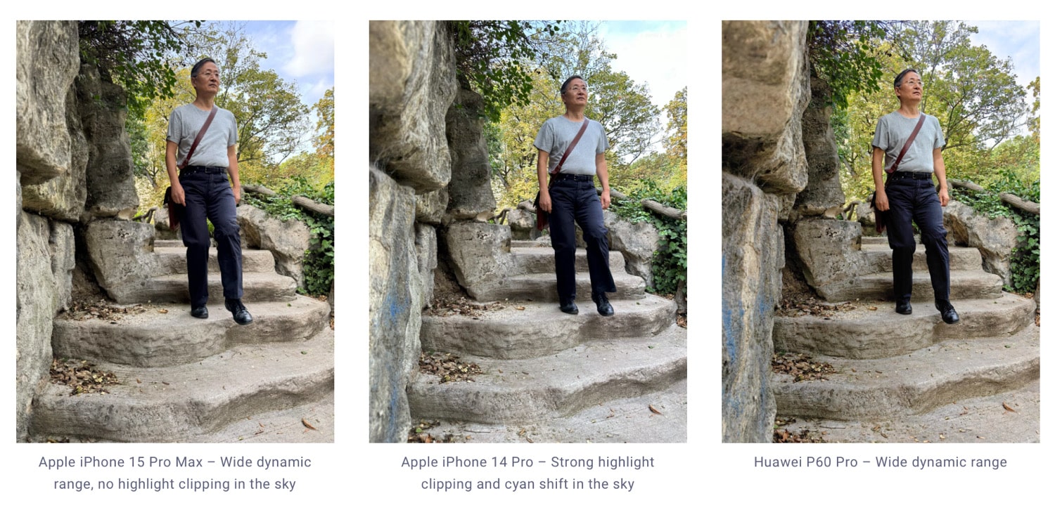 DXOMARK Vergleichsbilder vom iPhone 15 Pro Max sowie dem iPhone 14 Pro und dem Huawei P60 Pro