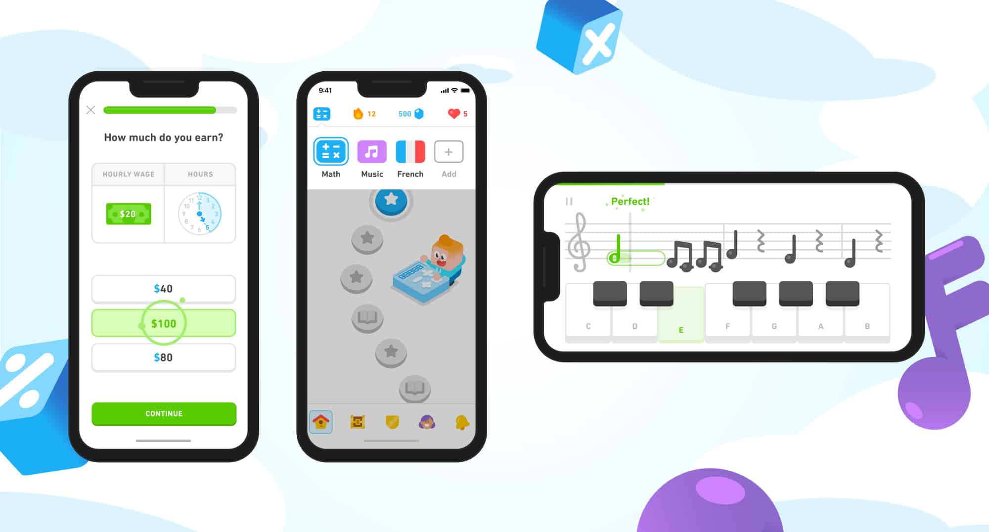 Screenshots von Duolingo Mathe und Duolingo Musik