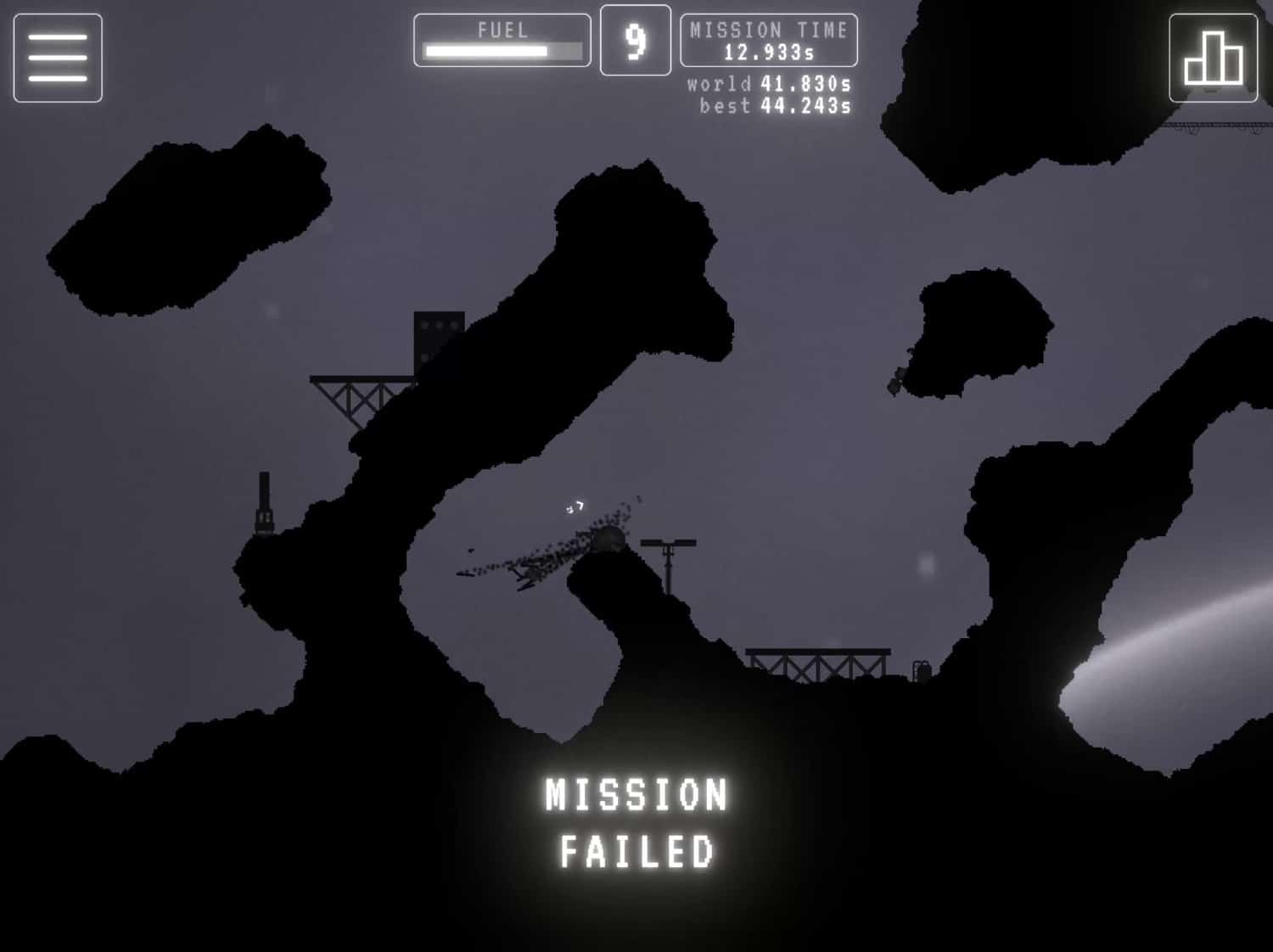 Screenshot einer gescheiterten Mission in Lunar Lander Mission
