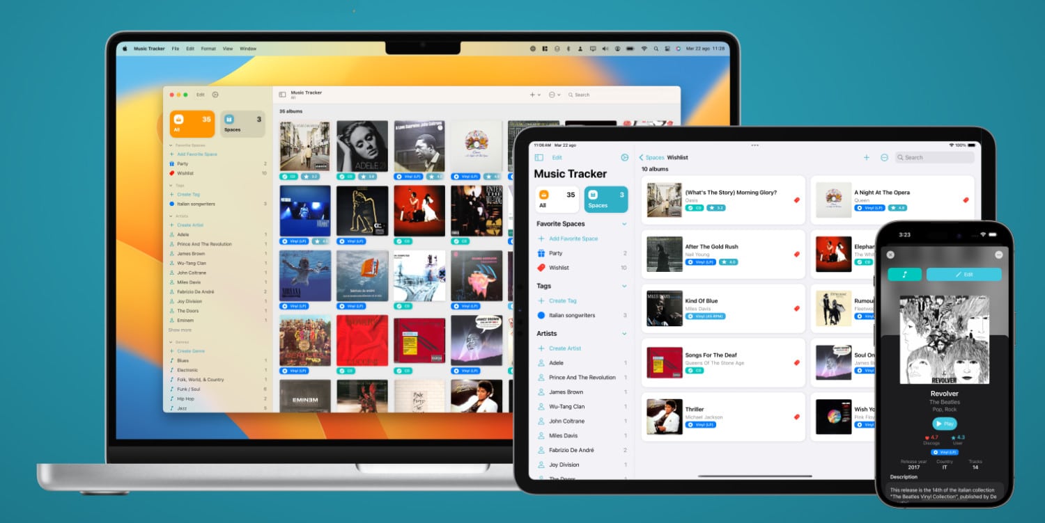 Music Tracker-Banner mit iPhone, iPad und Mac-Version