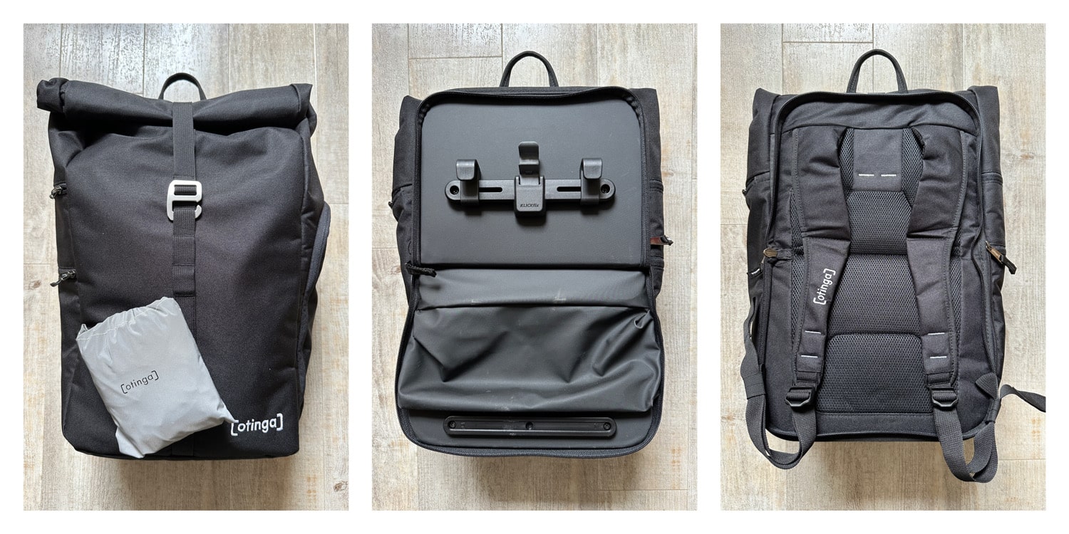 Drei Ansichten des Otinga Flip: Vorne und hinten als Radtasche und mit Rucksackgurten