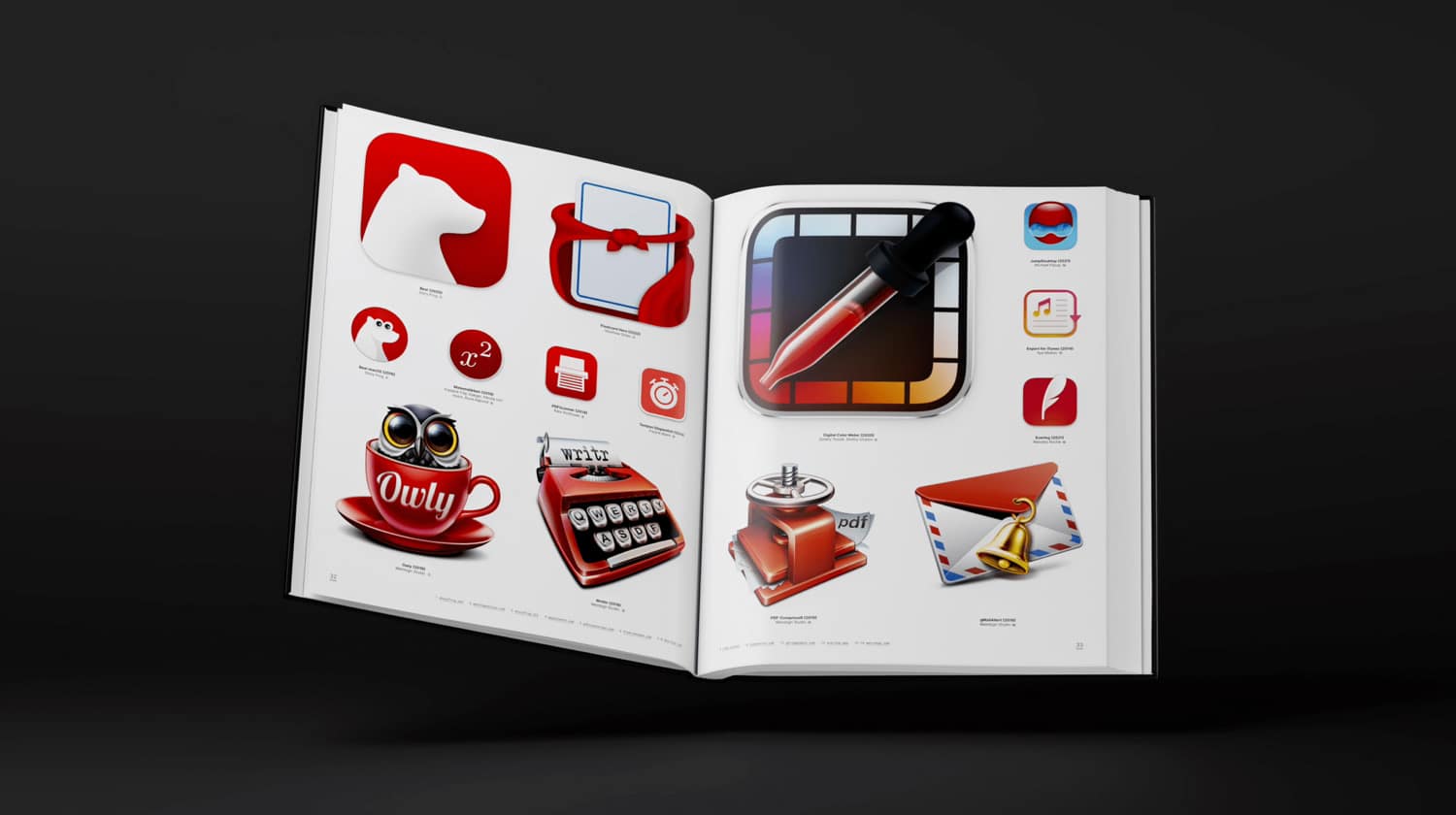 Aufgeschlagenes macOS App Icon Book von Michael Flarup vor schwarzem Hintergrund
