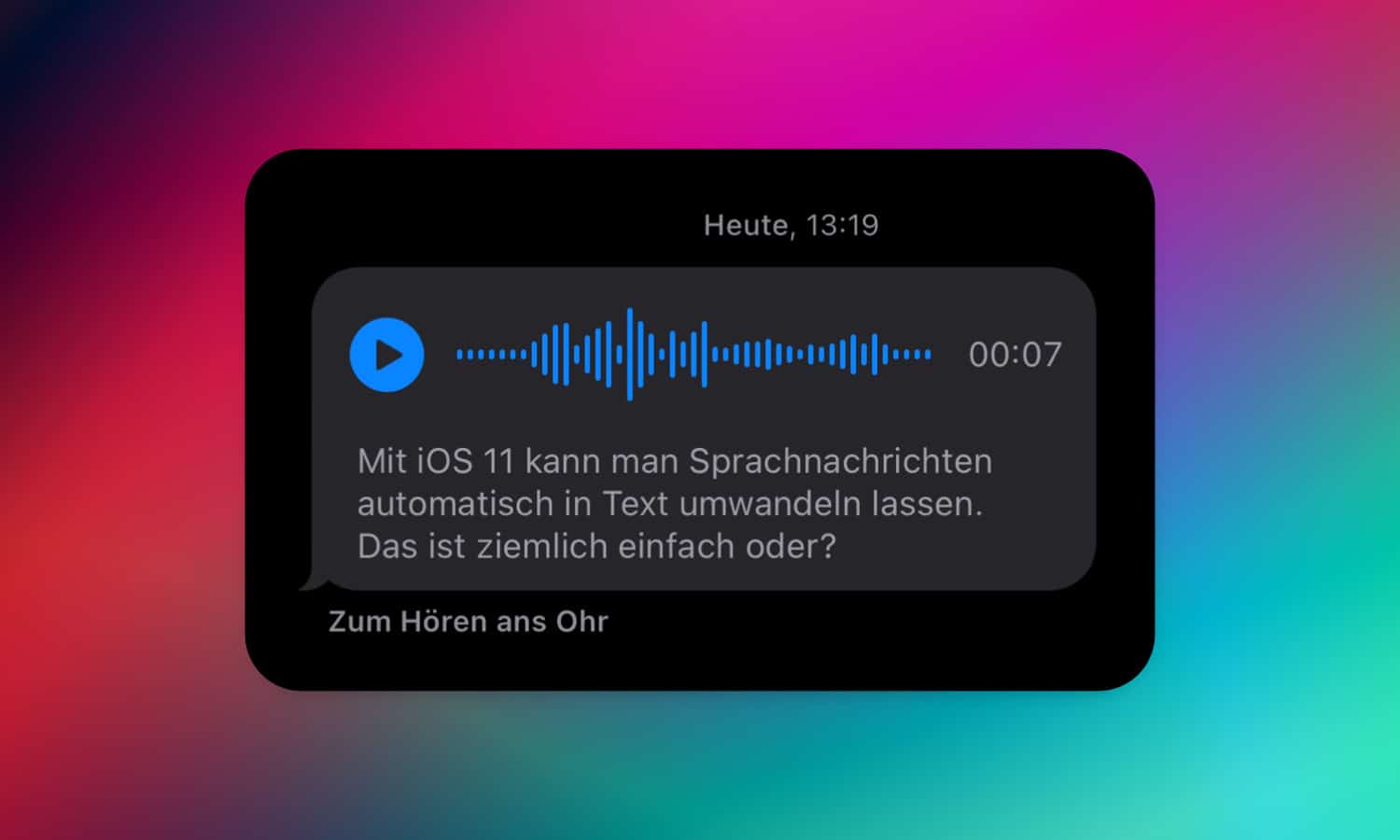 Screenshot von iMessage unter iOS 17 mit transkribierter Sprachnachricht