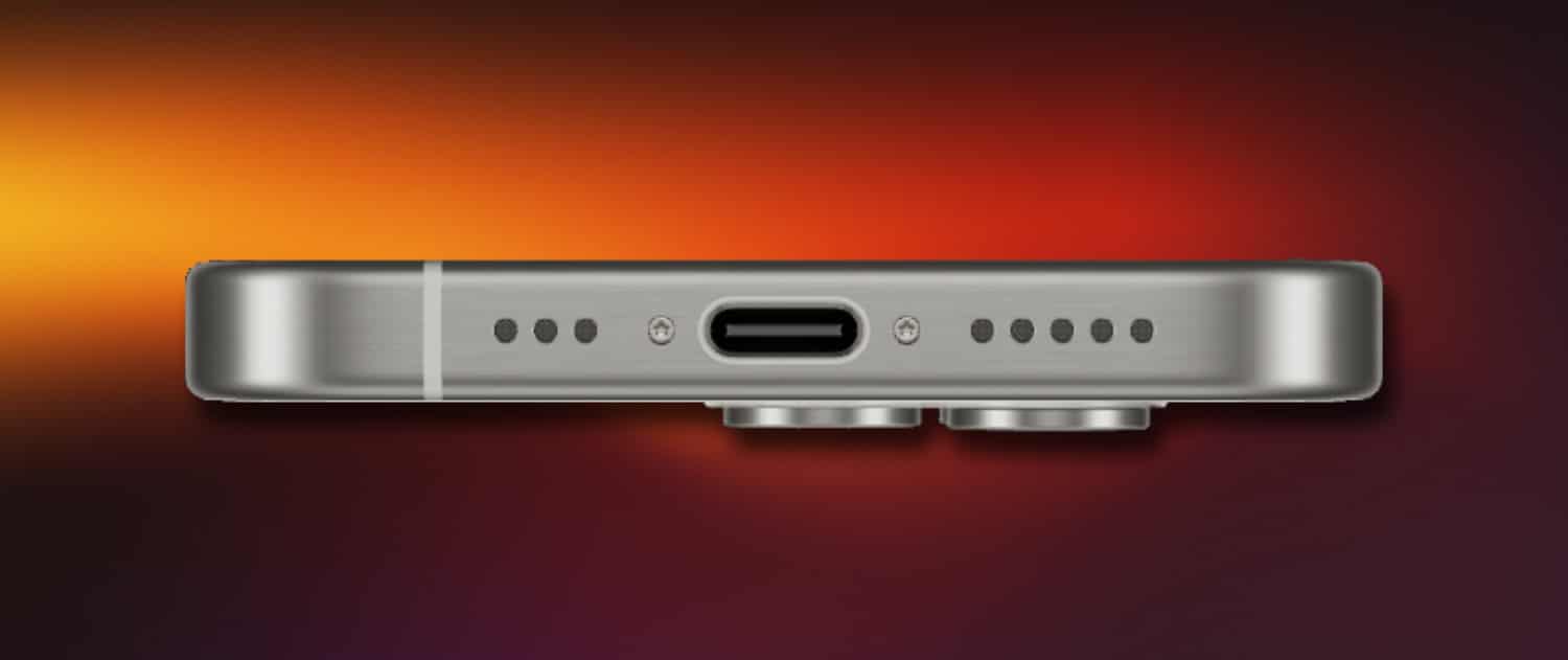 iPhone 15 Pro mit USB-C-Anschluss vor Farbverlauf-Hintergrund