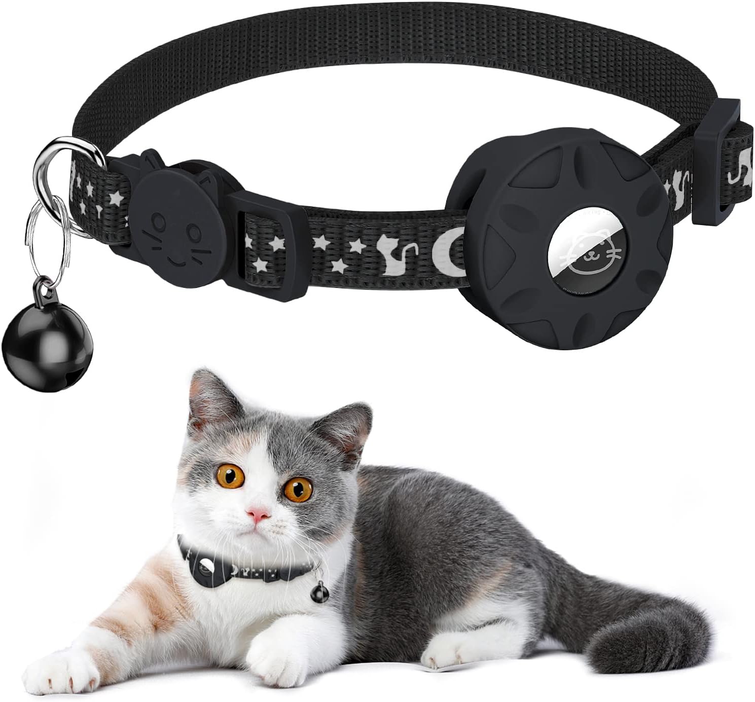 Katze mit Halsband mit AirTag und Glocke