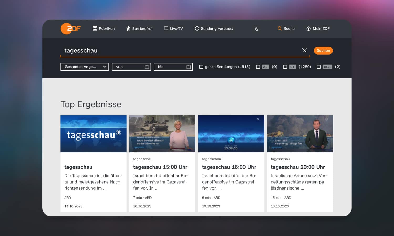 Screenshot der Webansicht der ZDF-Mediathek mit ARD-Inhalten