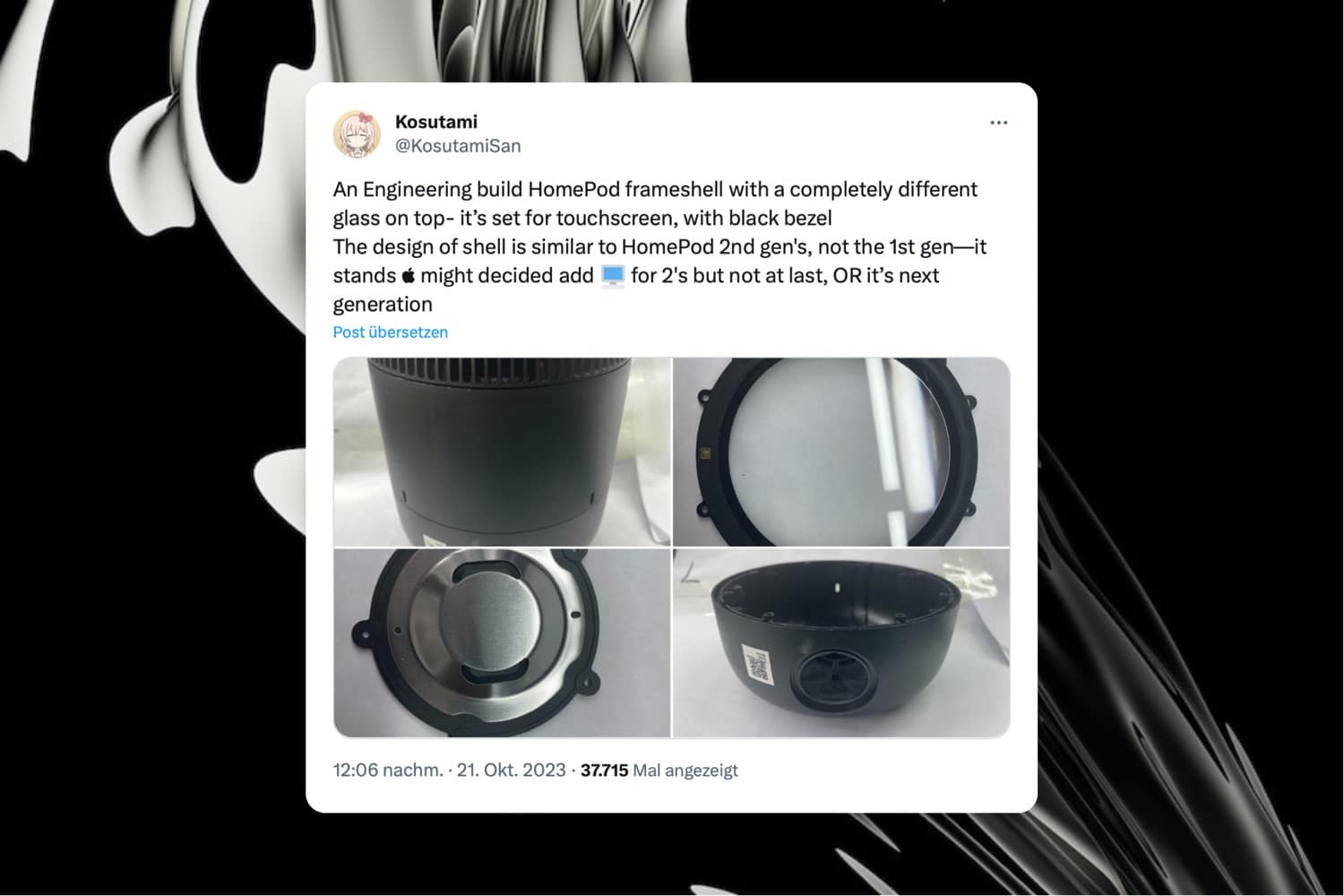 Post von Leaker Kosutami mit Bildern von HomePod-Komponenten bei Twitter/X