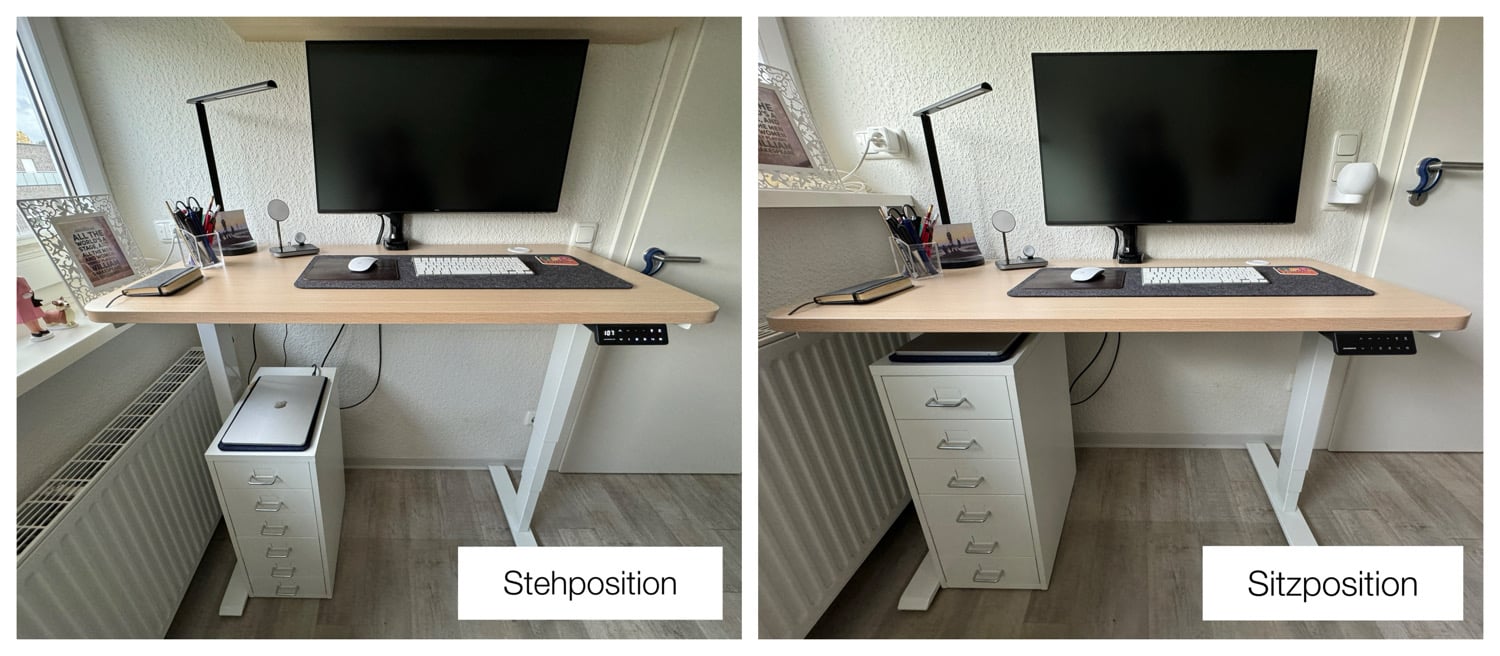 Zwei Bilder des Maidesite T2 Pro Plus Schreibtisches in Steh- und Sitzposition